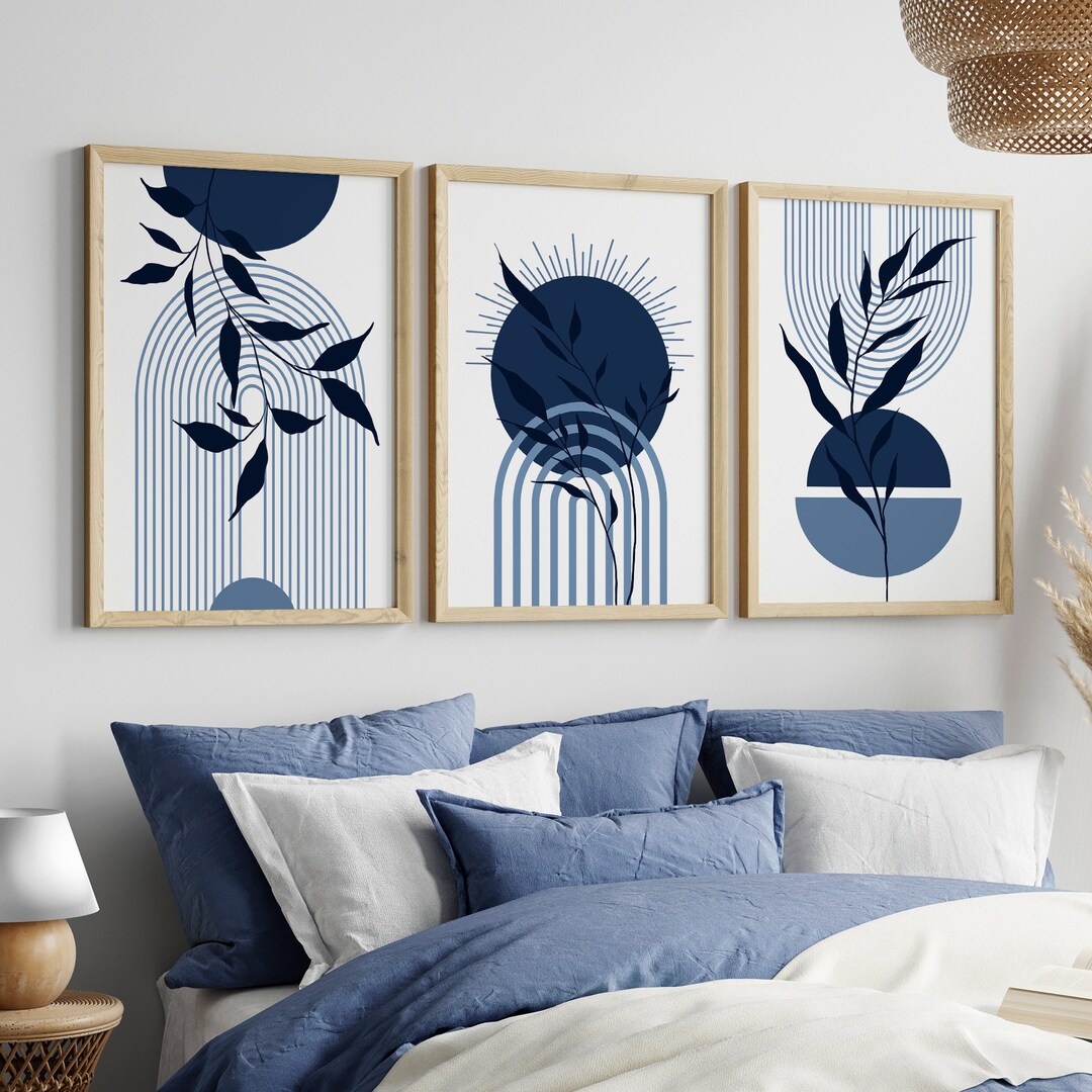 Set of 3 Mid Century Wall Prints Blue Wall Art Mid Century - Etsy