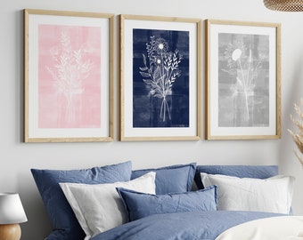 3pc Navy and Pink Boho Prints, Navy and Pink Wall Art, Blue and Pink Wall Art, Wildflower prints, Blue and Pink Prints, Bohemian wall art