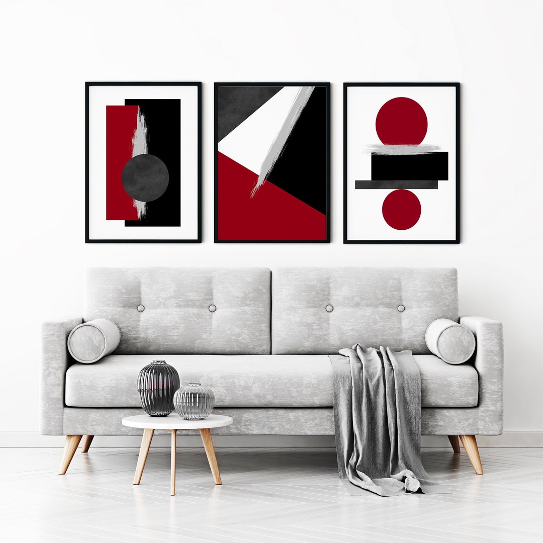 Set of 3, Red and Black Wall Art, Red Wall Art, Red Bedroom Art, Red