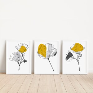 Yellow and grey prints, Mustard Wall Art, Mustard Wall Art, Printable Art, Botanical Line Art, Mustard and Grey, Ginkgo Decor, set of 3 image 3