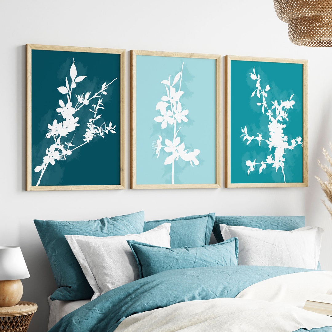 Teal Cherry Blossom Prints, Teal Home Decor, Teal Wall Art, Teal Wall