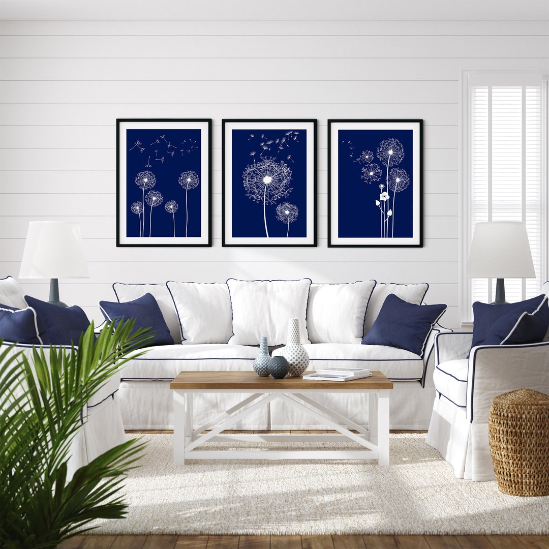 Blue Bedroom Wall Art Blue Dandelion Prints Navy Blue Art - Etsy