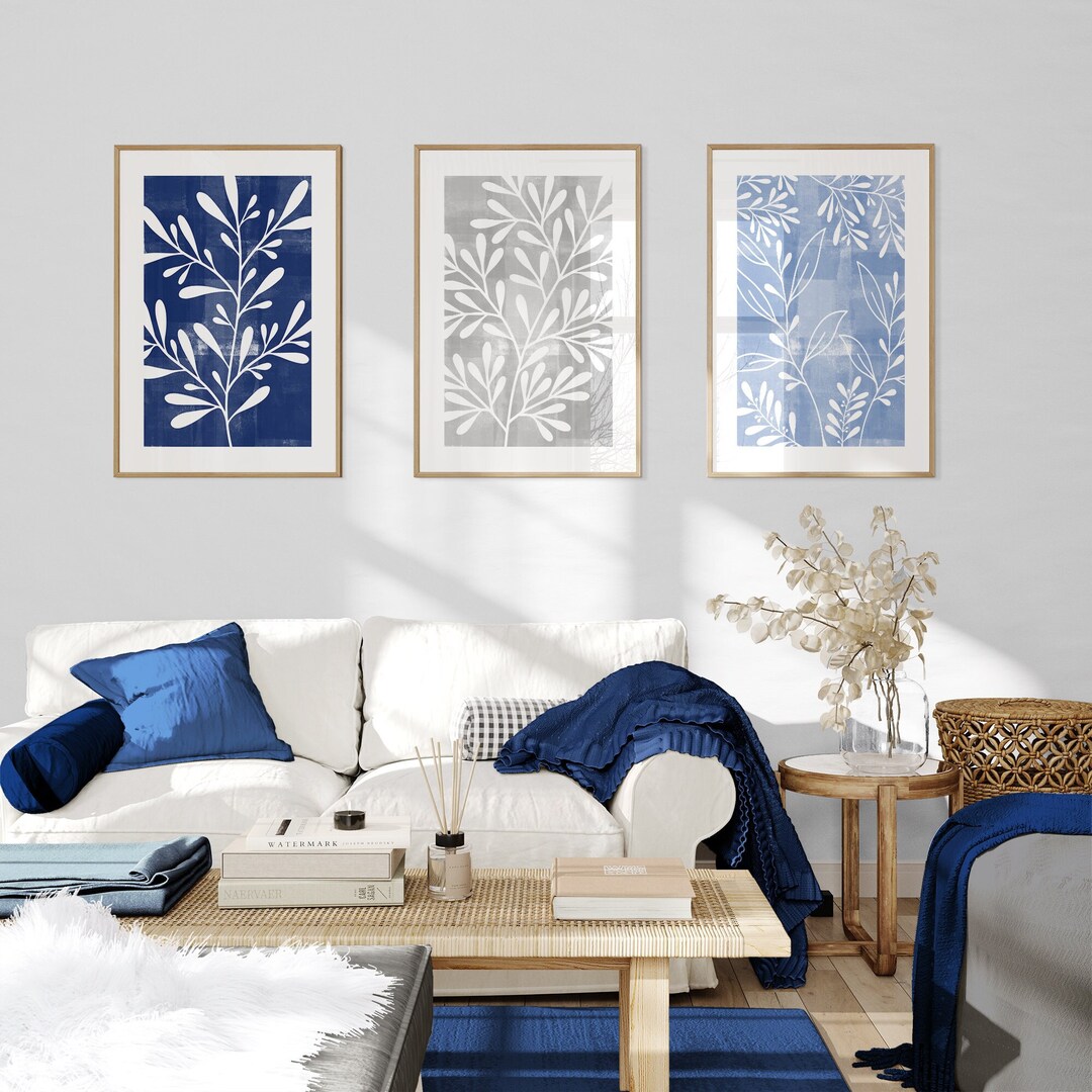 Set Of3 Blue Leaf Prints, Blue Wall Art, Blue and Grey Wall Art ...