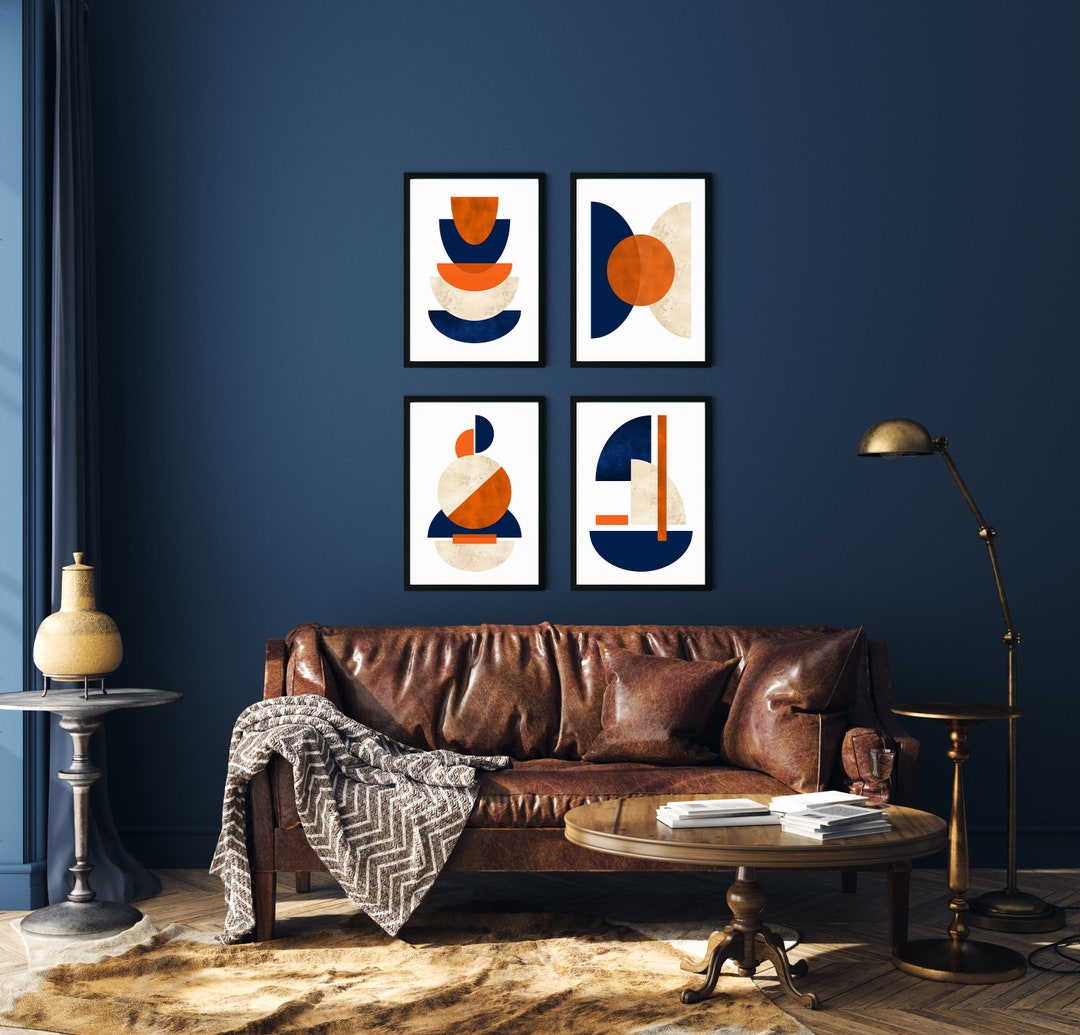 4pc Blue and Orange Wall Art, Printable Wall Art, Modern Abstract Prints,  Blue and Orange Art, Blue and Orange Wall Art, Navy Blue Rust Art 