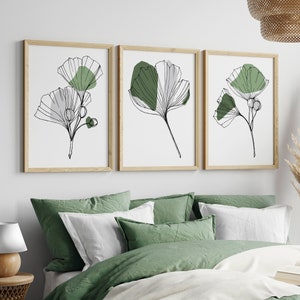 Set of 3 Sage green art, Ginkgo Print, Ginkgo Art, PRINTABLE Art, Sage green Wall Art, Botanical Line Art, Green Wall Decor, Ginkgo Decor