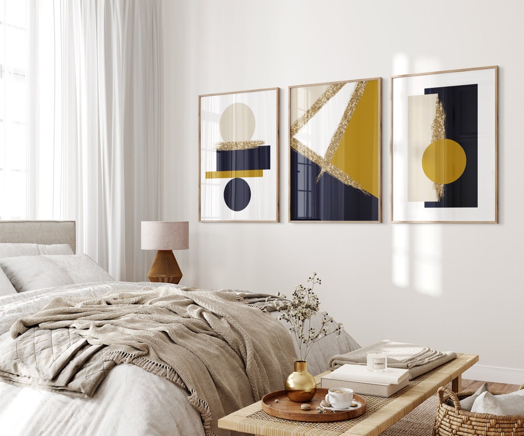 Navy Blue and Yellow Wall Art, Printable Wall Art, Blue Mustard Prints