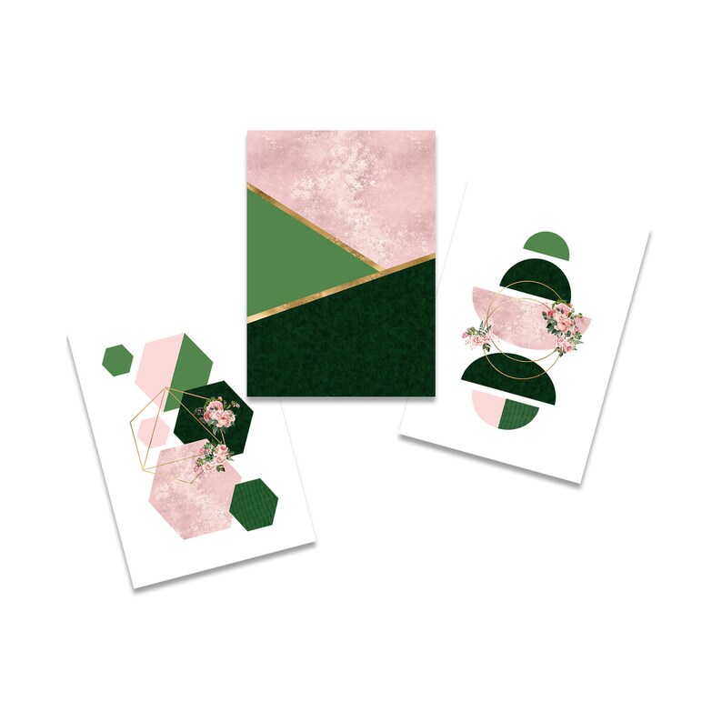 3pc Pink and Green Geo Wall Art Pink and Green Wall Decor Etsy