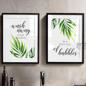 Jungle bathroom Decor, botanical bathroom art, Set of 2 prints, wash away your troubles, green bathroom decor, palm leaf, tropical bathroom