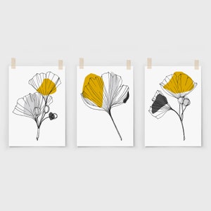 Yellow and grey prints, Mustard Wall Art, Mustard Wall Art, Printable Art, Botanical Line Art, Mustard and Grey, Ginkgo Decor, set of 3 image 4