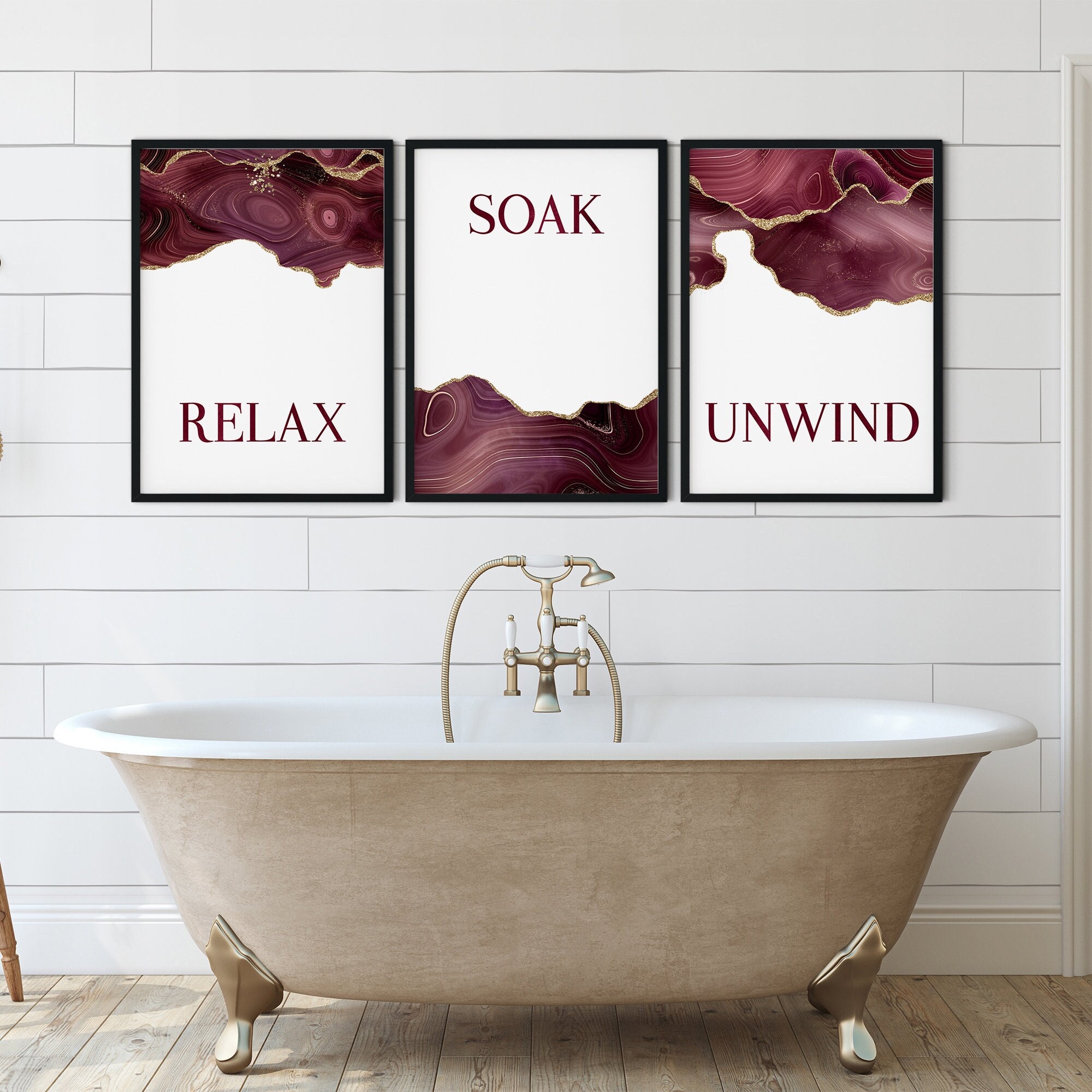 Burgundy Bathroom Prints Burgundy and Gold Wall Art Burgundy Etsy