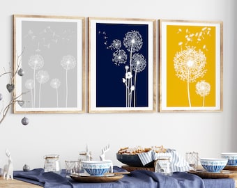 Blue and Yellow wall art, Dandelion Prints, Digital prints, blue and mustard wall art prints, blue and yellow art, mustard art prints