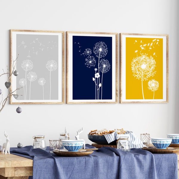 Blue and Yellow wall art, Dandelion Prints, Digital prints, blue and mustard wall art prints, blue and yellow art, mustard art prints