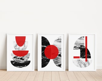 3pc Red and Black Art Prints, Modern printable art, Red Wall Art, Geometric Prints, Red and Black Wall Art, Red living room, Red home decor