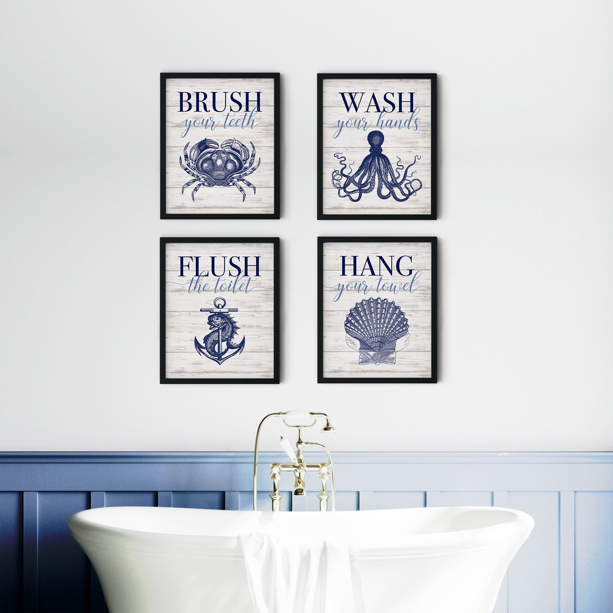 4pc Nautical Decor Blue Bathroom Prints Nautical Prints Sea Etsy