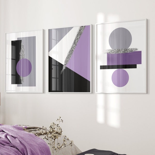 Set of 3 Purple and Black Wall Art, Purple grey art Print, Geometric Wall Art, purple wall art, printable wall art, Geometric posters,