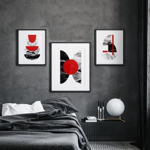 3pc Red and Black Art Prints, Modern printable art, Red Wall Art, Geometric Prints, Red and Black Wall Art, Red living room, Red home decor image 3