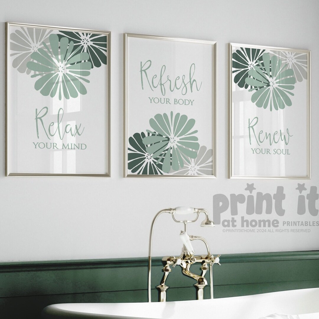 Set of 3 Sage Green and Gray Bathroom Art, Sage Green Wall Art, Relax