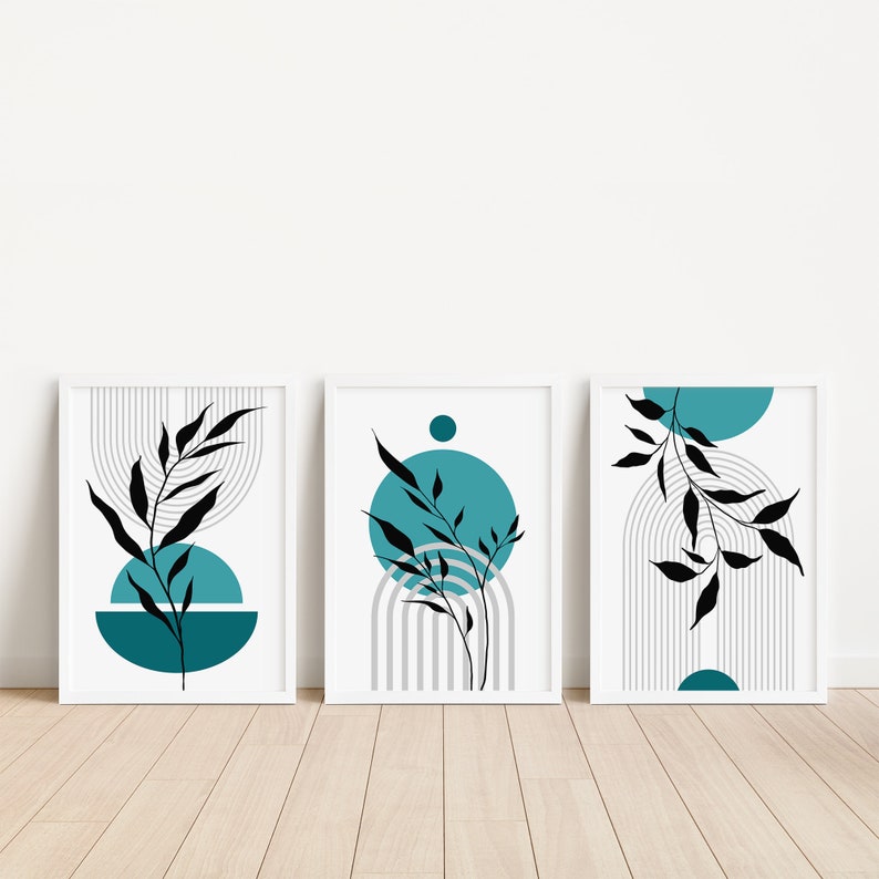 Set of 3, teal wall art, Mid Century Wall Prints, teal and black wall art, mid century prints, boho printable art, boho art, teal wall decor image 4