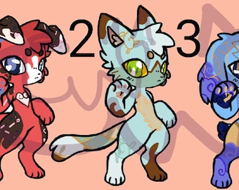 May include: Three cartoon animal illustrations. Number 1 is a red and brown fox-like creature. Number 2 is a light blue and brown cat-like creature. Number 3 is a blue and gold bunny-like creature. All have large eyes and are standing.