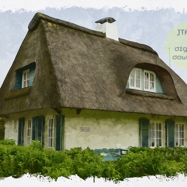 Watercolor Old House, House with thatched roof, Printable Wall Art, Downloadable Prints, Home Decor