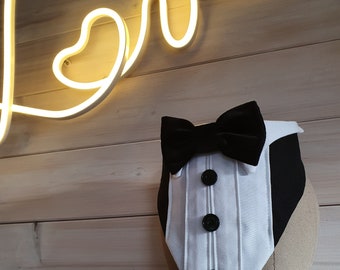 Luxury Dog Tuxedo Bandana: Black Velvet Bow Tie, Wedding Outfit