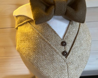 Luxury Dog Wedding Suit: Herringbone Wool Tuxedo Bandana with Bowtie