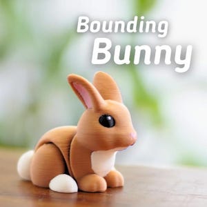May include: A brown and white bunny figurine with the text "Bounding Bunny" in white. The bunny has black eyes, pink inner ears, and a white tail. The figurine is sitting on a wooden surface.