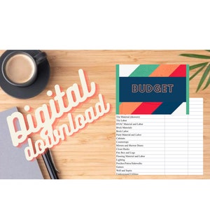 May include: A colorful budget worksheet with the word "BUDGET" in a blue box. The worksheet includes categories for various home improvement expenses, such as tile, HVAC, brick, paint, cabinets, countertops, mirrors, closet racks, firebox, flooring, lighting, porches, gutters, well and septic, and underground utilities.