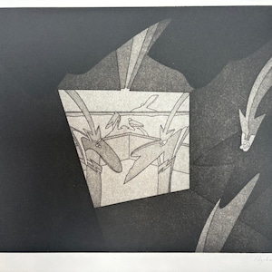 May include: A black and white etching print featuring a central rectangular space with stylized bird-like figures and sharp, angular lines. The composition uses deep black shadows and lighter gray tones to create a sense of depth and geometric form.