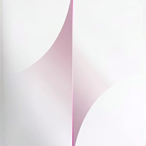 May include: A vertical print featuring a central, sharp, pink-to-white gradient shape that resembles a folded or curved surface. The design is symmetrical, tapering to points at the top and bottom, set against a plain, solid white background.
