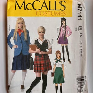 May include: McCall's Costumes pattern M7141. The package features illustrations of school uniform costume designs. The package has a yellow and white background with the McCall's logo and size information. The size is E5 (14-16-18-20-22).