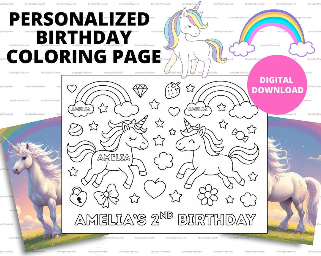 Custom Unicorn Birthday Coloring Page | Personalized Birthday Activity ...