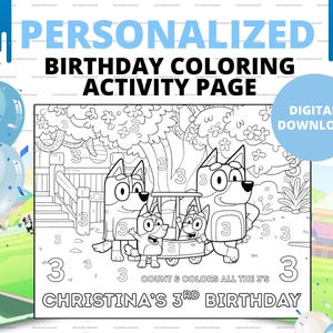 Personalized Blue Dog  Birthday Coloring Page: Custom Party Favor (Printable PDF)