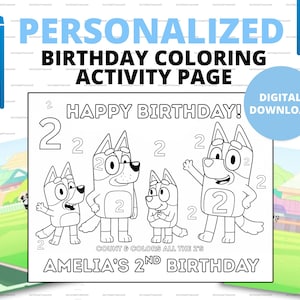 Personalized Blue Dog Birthday Coloring Page | Cartoon Party Favors for Kids  | Cute Dog Birthday Party Favors | Birthday Party Supplies