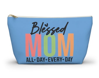 Make-up-Tasche „Blessed Mom“ für Frauen | Muttertagsgeschenk, Geburtstagsgeschenk für Mütter| Mama-Geschenke | Blaue Schminktasche | Süße Mom-Taschen für Mütter