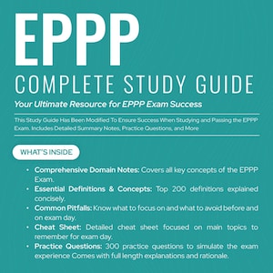 May include: A teal-colored study guide titled "EPPP COMPLETE STUDY GUIDE" with white text. The guide promises success in the EPPP exam, offering detailed notes, practice questions, and more. The "WHAT'S INSIDE" section lists key features.
