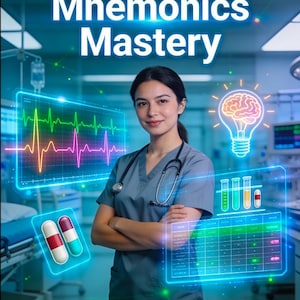 Puede incluir: Una mujer con una blusa azul con estetoscopio posa frente a gráficos médicos. La imagen muestra el texto «Nursing Mnemonics Mastery» y los temas ECG, Electrolitos, Farmacología y Preparación NCLEX.