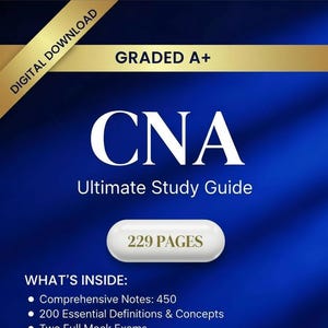 Può includere: Una guida allo studio digitale per assistenti infermieri certificati (CNA). La copertina blu con dettagli dorati presenta il titolo "CNA Ultimate Study Guide" in bianco. Include 229 pagine di note, definizioni ed esami simulati.