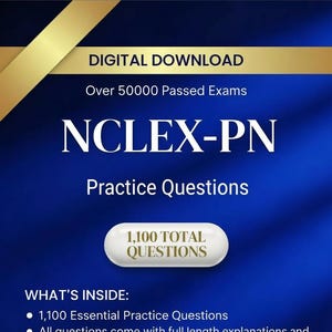 May include: A digital download graphic with a blue background and gold accents. The text reads "NCLEX-PN Practice Questions" and "1,100 Total Questions." It also states "2025-2026 Latest Updated Version."