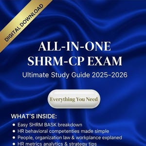 Könnte beinhalten: Ein digitales Download-Cover mit dem Text "ALL-IN-ONE SHRM-CP EXAM Ultimate Study Guide 2025-2026". Das Cover ist dunkelblau mit goldenen Akzenten und enthält eine Liste der Inhalte, wie z. B. HR-Metriken und reale Szenarien.