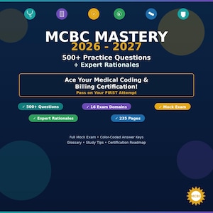 以下が含まれることがあります： MCBC MASTERY 2026-2027と題された濃紺の学習ガイド。500問以上の練習問題、専門家の解説、16の試験ドメイン、235ページで構成されています。テキストには「Ace Your Medical Coding & Billing Certification! Pass on Your FIRST Attempt.」と記載されています。