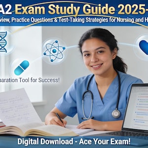 May include: Image of a woman in a blue scrub top with a stethoscope, studying with a laptop and open book. The image includes text: "HESI A2 Exam Study Guide 2025-2026" and "Digital Download - Ace Your Exam!" with medical-themed graphics.