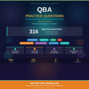 Op de afbeelding: Een digitale studiegids getiteld QBA Practice Questions 2026/2027 Edition voor toegepaste gedragsanalyse. Het bevat 316 vragen met toelichtingen, 190+ pagina's, 8 onderwerpen en 9 bladwijzers. De lay-out bevat kleurgecodeerde secties en tekst.