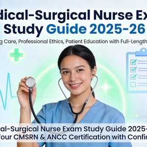 Könnte beinhalten: Ein Bild, das einen medizinischen Studienführer bewirbt. Es zeigt eine Frau in blauer Arbeitskleidung mit einem Stethoskop. Der Text lautet "Medical-Surgical Nurse Exam Study Guide 2025-26" und "Ace Your CMSRN & ANCC Certification with Confidence!"