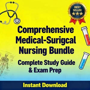 Könnte beinhalten: Gelb-blaue Grafik, die ein "Comprehensive Medical-Surgical Nursing Bundle" bewirbt. Das Bild enthält ein Stethoskop, Reagenzgläser und ein "Best Seller"-Abzeichen. Der Text lautet "Complete Study Guide & Exam Prep" und "Instant Download".