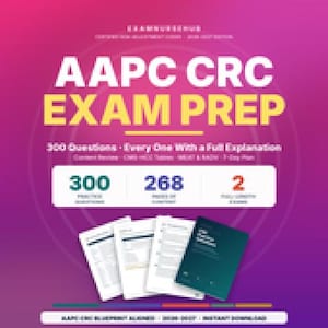 May include: A digital study guide for the AAPC CRC exam featuring a magenta and purple gradient background. The text reads AAPC CRC EXAM PREP, 300 Questions, 268 Pages of Content, and 2 Full-Length Exams, accompanied by images of printed documents.