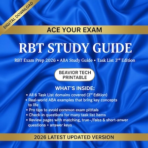 Könnte beinhalten: Digitaler Download RBT Study Guide mit dem Text "Ace Your Exam". Der Leitfaden enthält ABA-Lernmaterialien, Aufgabenlistenbereiche, reale Beispiele und Prüfungstipps. Das Cover ist blau mit weißem und goldenem Text.