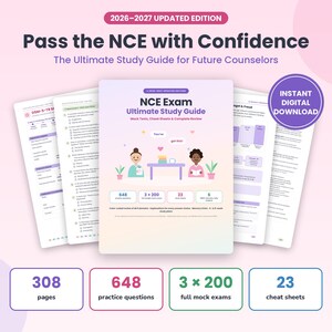 NCE Exam Study Guide 2026-2027 | 648 Practice Questions, 3 Full Mock Exams & Cheat Sheets | Counselor Exam Prep PDF, Instant Download