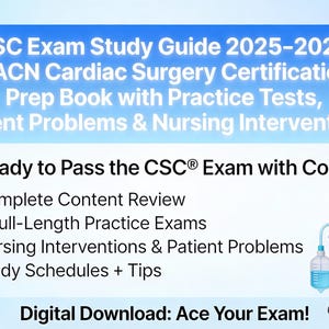 May include: A digital download advertisement for the CSC Exam Study Guide 2025-2026. The image features a red heart graphic, a stethoscope, and medical equipment illustrations. Text includes "Get Ready to Pass the CSC Exam with Confidence!" and study guide details.