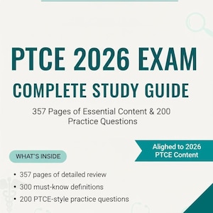 May include: A digital download study guide for the PTCE 2026 exam. The cover features the title "PTCE 2026 EXAM COMPLETE STUDY GUIDE" in large teal letters. The guide includes 357 pages of essential content and 200 practice questions.